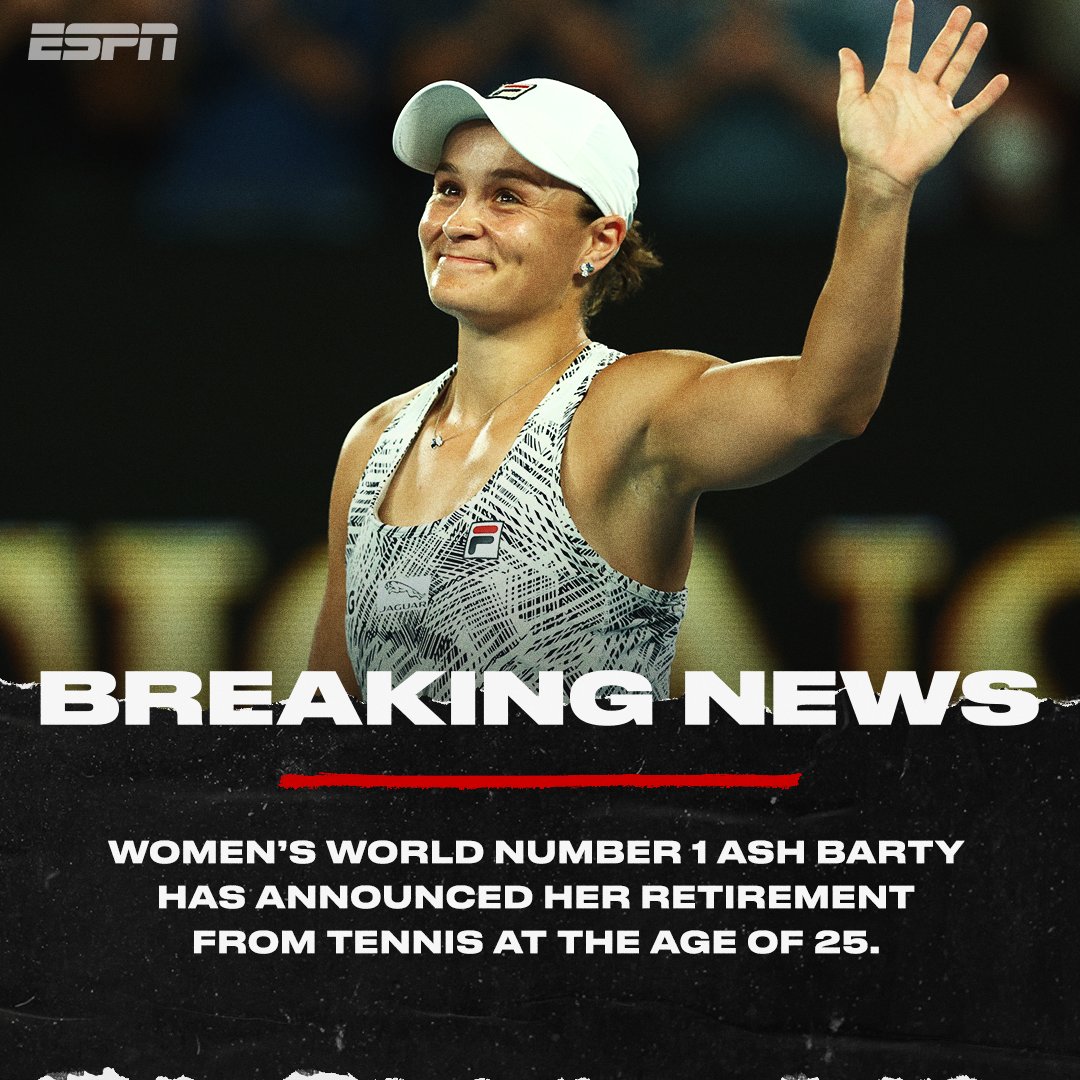 ESPNAusNZ's tweet photo. A bombshell announcement as Ash Barty declares she's walking away from tennis.

🗣️ “I’ve given absolutely everything I can to this beautiful sport of tennis...I think it’s important that i get to enjoy the next phase of my life as Ash Barty the person, not Ash Barty the athlete.” https://t.co/Bh7s1Dm3Qf