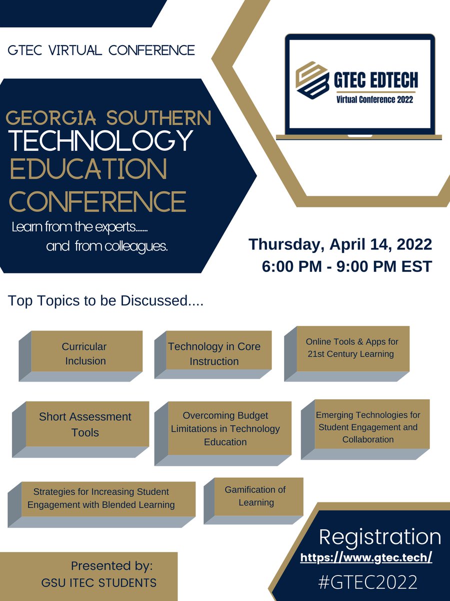 Excited to announce that our students are putting together an edtech virtual conference: #gtec2022. I'm so proud of my and <a href="/mete_akca/">Mete Akcaoglu</a>'s EDS students at <a href="/GeoSouthernCOE/">Georgia Southern COE</a>.
April 14th from 6-9PM!
More info and registration at gtec.tech