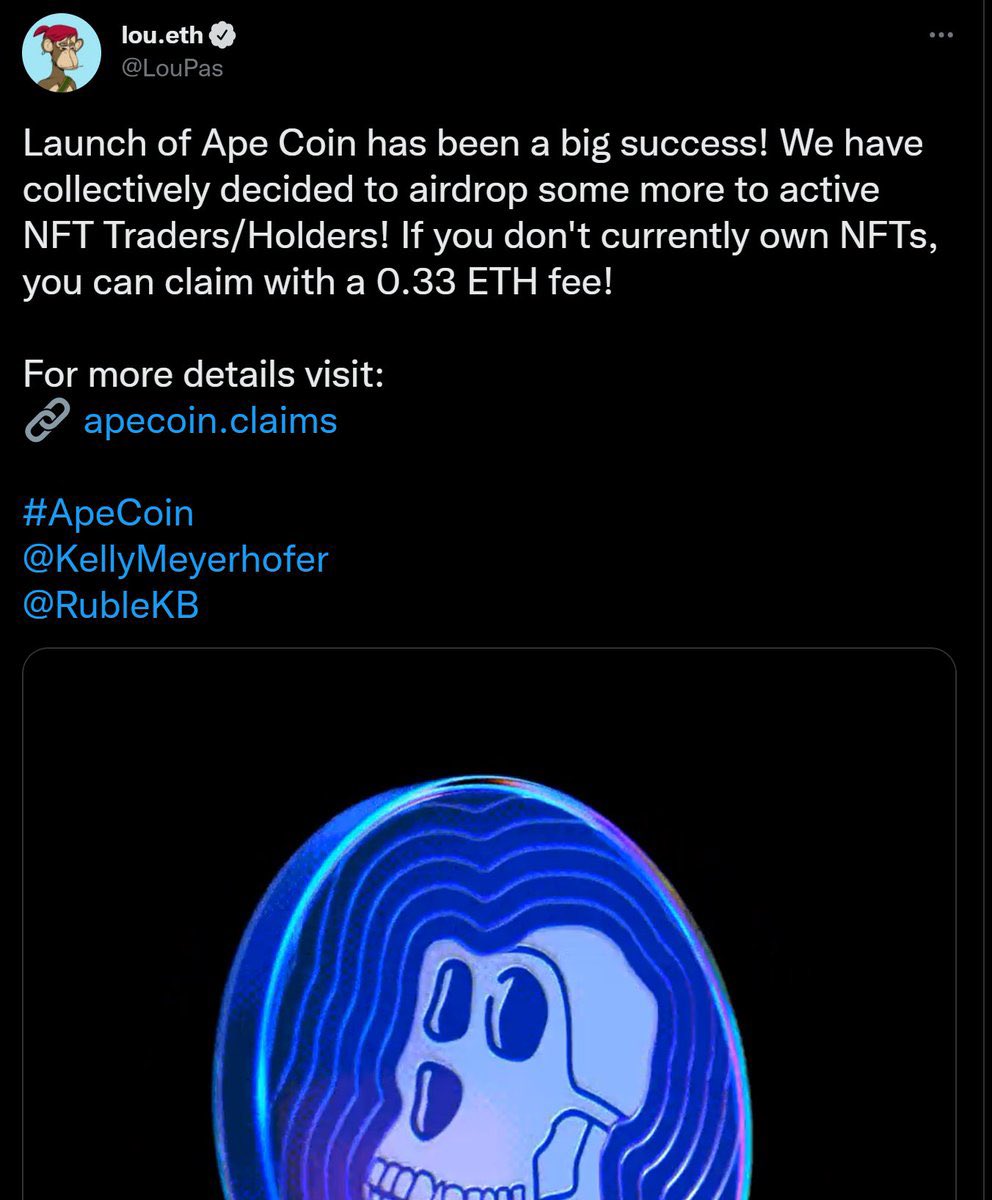 one of the verified scammers shilling fake apecoin is using a name i own— lou.eth

not sure how to feel about it!