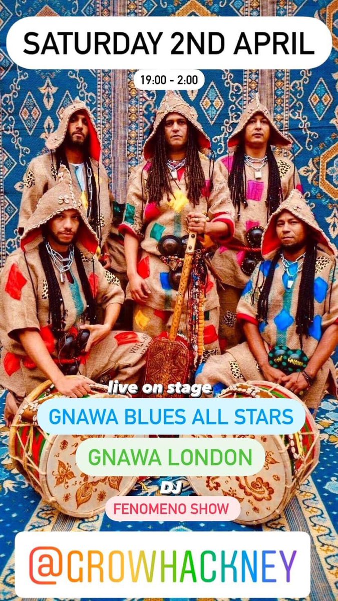 <a href="/SLagnawi/">S.I.M.O @SLagnawi</a> <a href="/GBluesallstars/">Gnawa Blues All Stars</a> <a href="/gnawa_londonuk/">Gnawa London /Simo Lagnawi</a> <a href="/GrowHackney/">Grow, Hackney</a> <a href="/OpenTheGate_/">Open The Gate</a>  2nd April 2022 👈🏾🔥#africa 🇲🇦🏴󠁧󠁢󠁥󠁮󠁧󠁿🦁💉