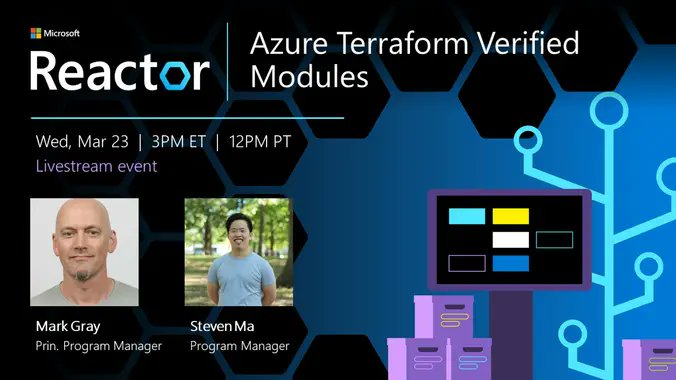 Come hear about some of the new capabilities we are introducing in Azure Terraform: meetup.com/Microsoft-Reac…

Excited to share how we are solving one of the big problems we heard from customers. See you March 23rd Wed at 12pm Seattle time #Azure #Terraform