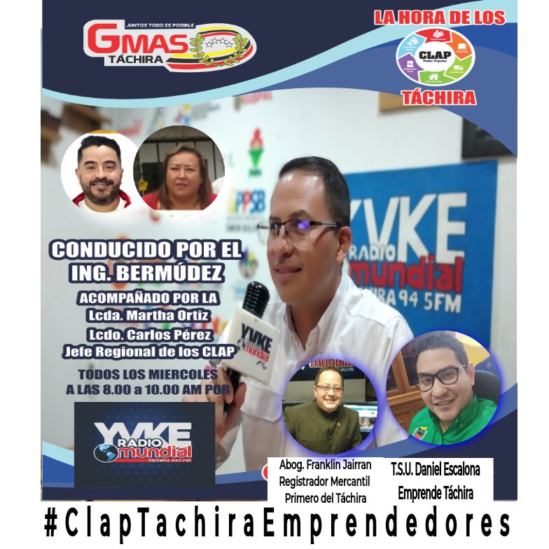 #23Mar 8am por la 94.5 Fm <a href="/YvkeTachira/">Yvke Tachira</a> los invitamos a que nos sintonícen en "La Hora de los Clap" con un super programa para los Emprendedores, tendremos como invitados a Daniel Escalona <a href="/EmprendeTch/">Emprende Táchira Oficial</a> y el Abog. <a href="/chinojairran3/">chinojairran3</a>
¡Imperdible!
<a href="/FreddyBernal/">Freddy Bernal</a> 
#ClapTachiraEmprendedores