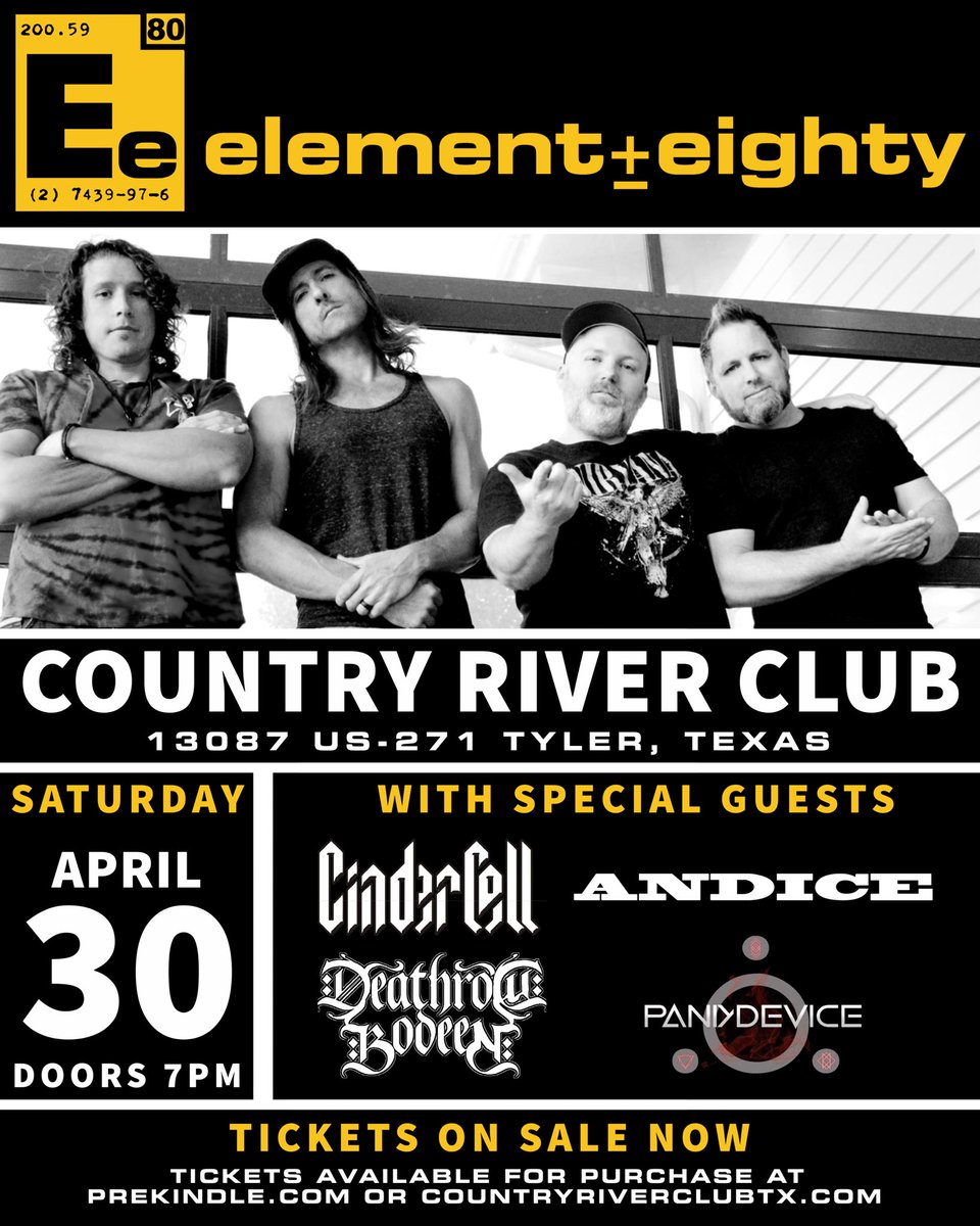 Element Eighty returns home to Tyler, Texas on April 30th! Tickets available now at prekindle.com or countryriverclubtx.com