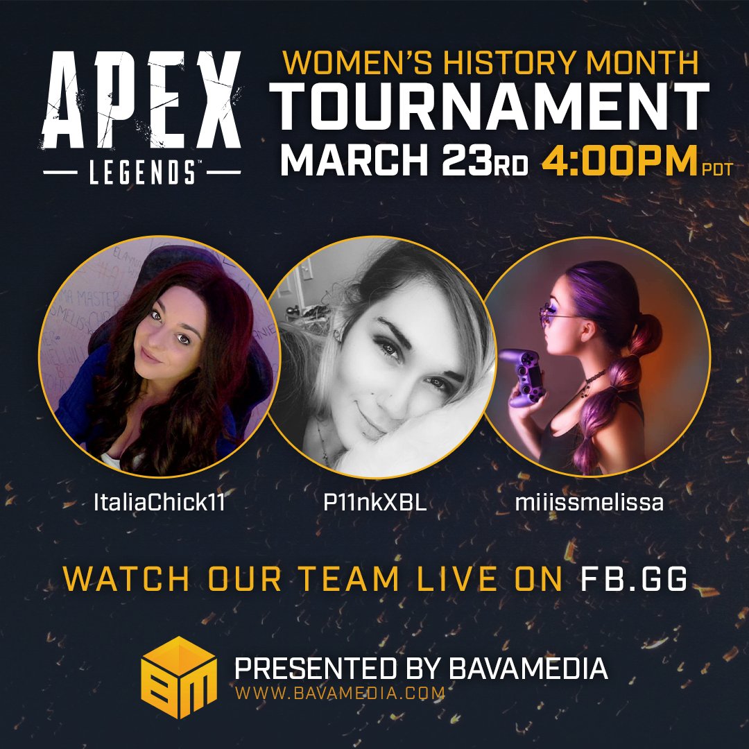 FacebookGaming's tweet photo. Tomorrow, March 23rd at 4PM PDT, 6 teams will compete in @BavaMedia's Apex Legends Tournament in celebration of #WomensHistoryMonth! Make sure to tune in exclusively live on https://t.co/We7S2f22s2 https://t.co/ZQ7GEPZcVB