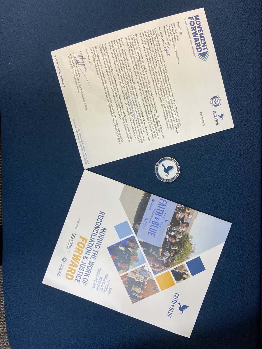 ChiefLetteney's tweet photo. Thanks #FaithAndBlue #MovementForward for the letter, report and coin!  I’m pleased that the agencies I have been involved with since the movement started have all been involved, including @thomasville_pd.
I look forward to seeing Rev. Hutchins at the @TheIACP Mid-Year this week! https://t.co/PkpQySL1fX