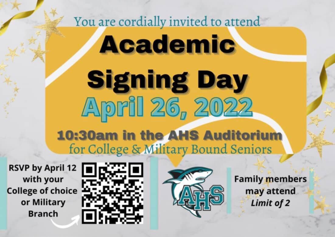 REMINDER SENIORS! Be a part of Atlantic High School‘s first ever Academic Signing Day! Check your school email for the link to let us know if you have committed to a college or branch of the military! Let’s celebrate YOU! 🙌🏼🎓🦈￼
