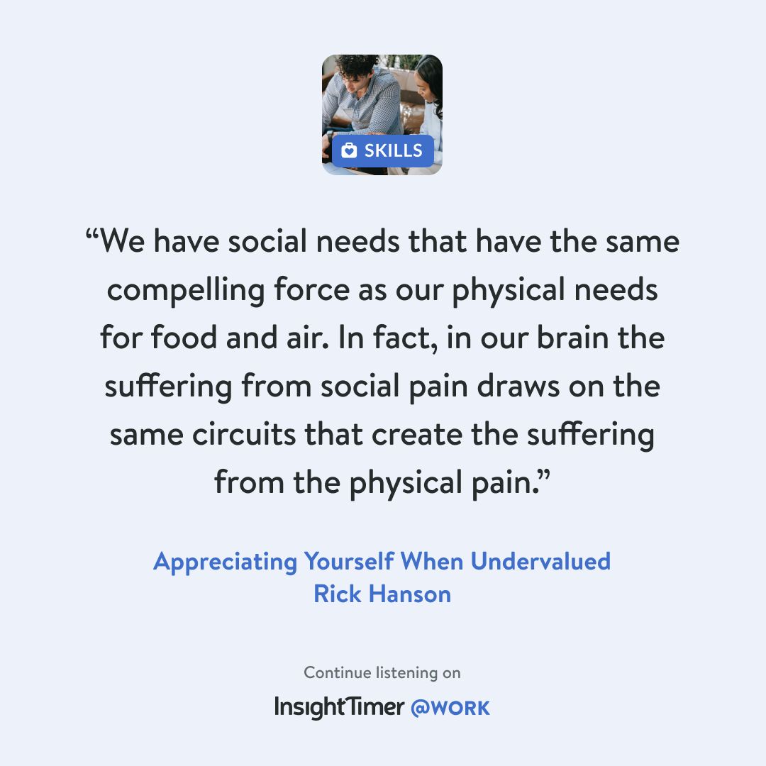 InsightTimer's tweet photo. Why is it so important for us to feel valued? Learn more about how social rejection at work affects our wellbeing from neuroplasticity expert Rick Hanson: https://t.co/bnPnhYMSD2
#insighttimeratwork #workplaceskills #feelingvalued https://t.co/wuHnABfmfU