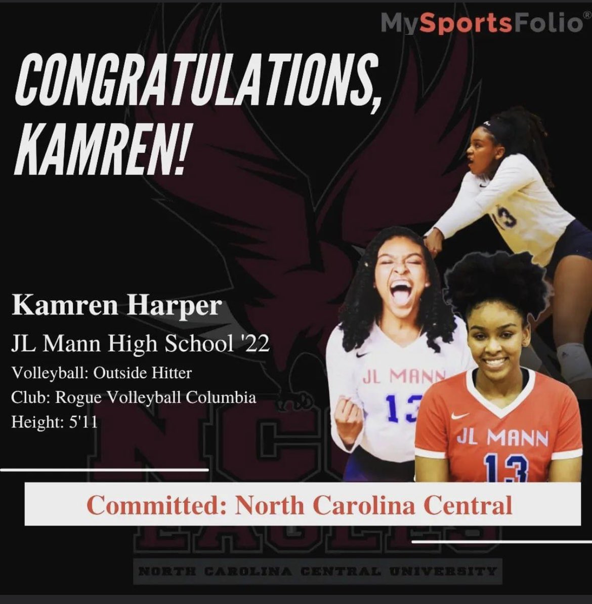 Commitment Alert!!! Congrats to Kamren Harper on her commitment to North Carolina Central University!!! The MySportsFolio Team #studentathlete #collegeready <a href="/AthleticsJl/">JL Mann Athletics</a> <a href="/JLMannVball/">J.L. Mann Volleyball</a> <a href="/RogueVBC/">Rogue Volleyball</a> <a href="/NCCUVolleyball/">NCCU Volleyball</a>