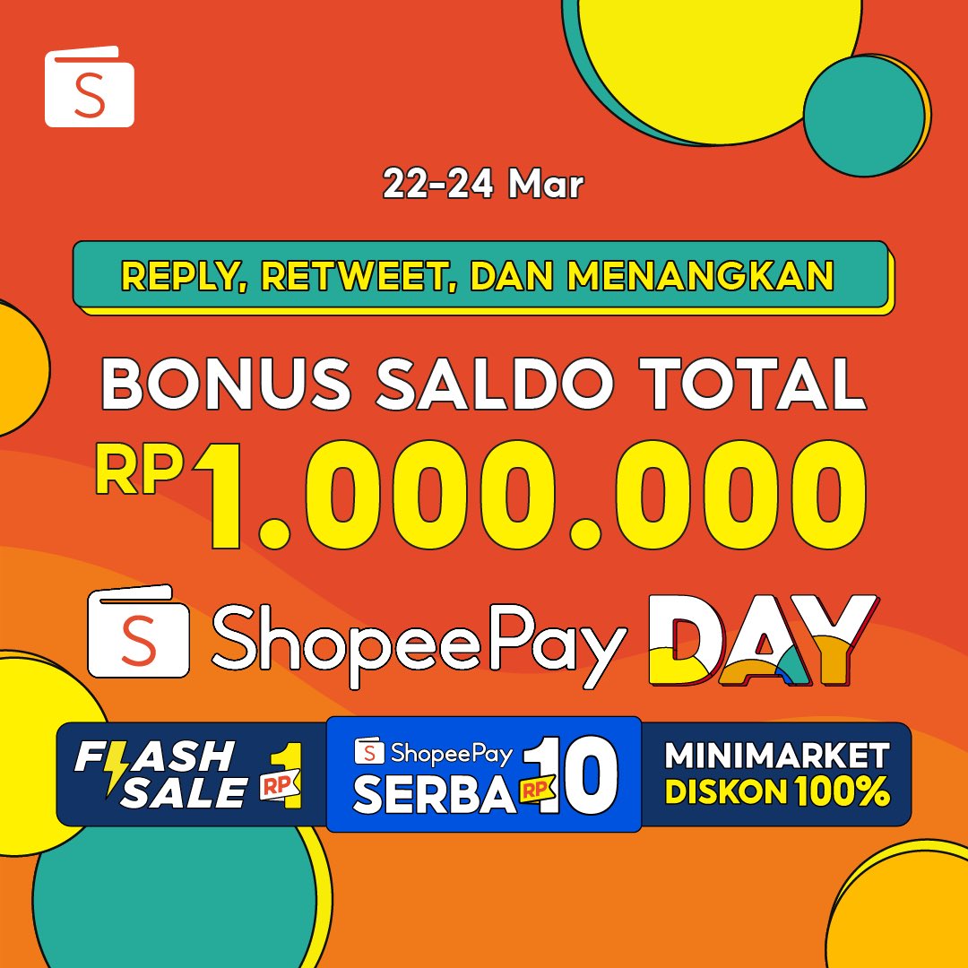 Tanggal tua jadi makin happy, #ShopeePayDay bagi-bagi bonus saldo total 1 JUTA! Ada yang mau? Cus, ikutan.~ 😙

S&amp;K
1. Follow <a href="/ShopeePay_ID/">ShopeePay Indonesia</a>
2. Like &amp; RT Tweet ini
3. Reply #ShopeePayDay

Pengumuman tgl 25 Mar! 🥰