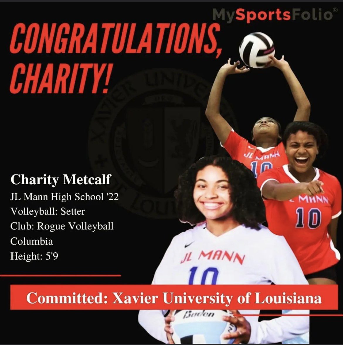 Commitment Alert!!! Congrats to Charity Metcalf on her commitment to Xavier University of Louisiana!!! #studentathlete #collegeready <a href="/JLMannVball/">J.L. Mann Volleyball</a> <a href="/AthleticsJl/">JL Mann Athletics</a> <a href="/RogueVBC/">Rogue Volleyball</a> <a href="/XULAvolleyball/">Xavier U Volleyball</a>