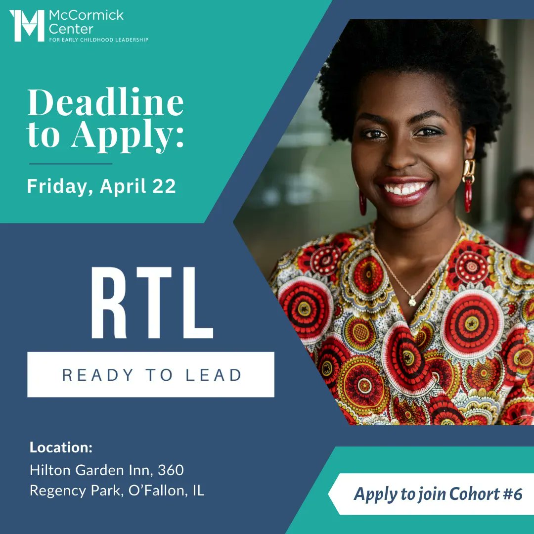 McCormickInst's tweet photo. Are you ready to lead? ONE MONTH to apply: Recently hired center-based, early childhood administrators of all backgrounds are invited to apply to #RTL Cohort #6, based in O'Fallon, IL, outside of St. Louis. Learn more: https://t.co/9uWAYS3a5i #McCormick #ECE #ReadytoLead https://t.co/M1Pi330jz7