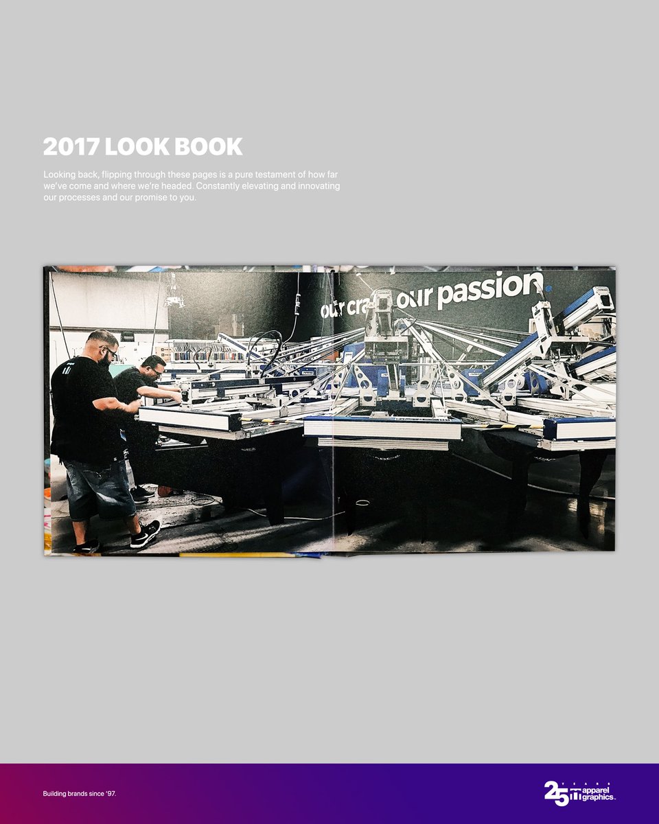 apparelgraphics's tweet image. Looking back, flipping through these pages is a pure testament of how far we’ve come and where we’re headed. Constantly elevating and innovating our processes and our promise to you.