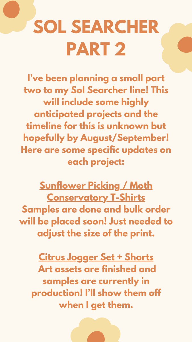 SOL SEARCHER PT. 2

This one is a lot of info sooo here are the slides I made for instagram!

TLDR: A bunch of new items are being added to the Sol Searcher line, along with a total restock *hopefully* coming late summer/early fall. 