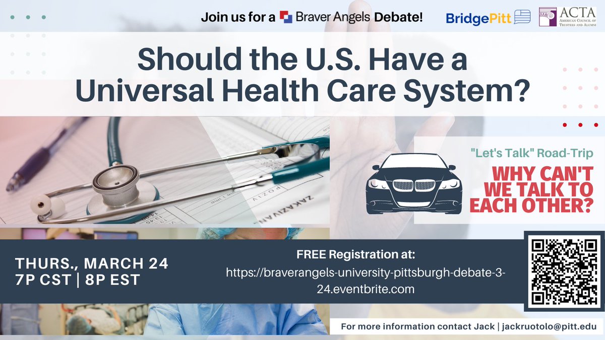 BridgePitt's tweet photo. Join us this Thursday for a debate on Universal Health Care! 

Happening in WPU 837 at 7:30 PM on March 24th. https://t.co/0xqGz1azJM