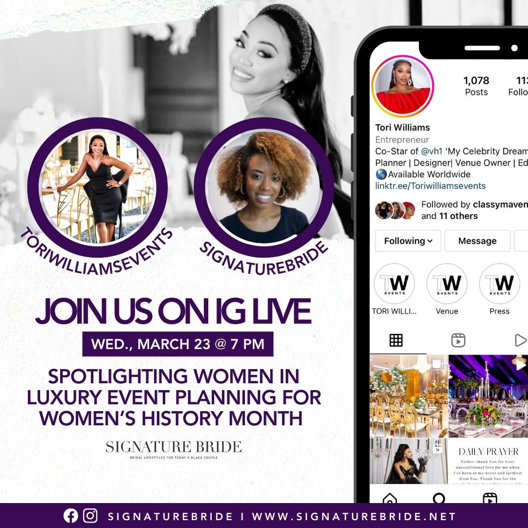 Join <a href="/SIGNATUREBRIDE/">signaturebride</a> tomorrow night at 7 PM EST on Instagram Live with the one and only @toriwilliamsevents!

We are talking all things luxury event planning, latest wedding trends and so much more!

<a href="/SIGNATUREBRIDE/">signaturebride</a> #blacklove #blackweddings #celebrityeventplanners