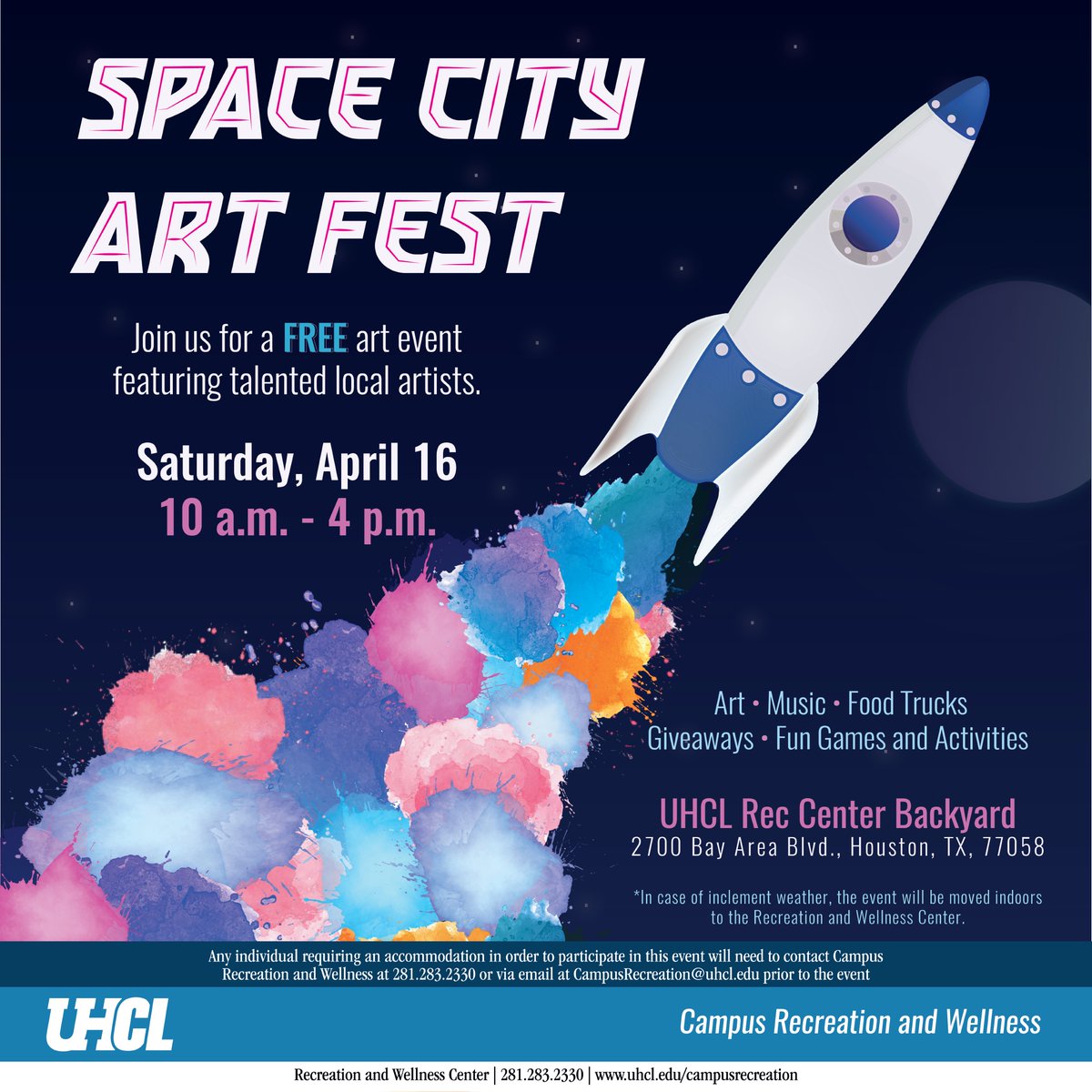 UhclCampusRec's tweet photo. Space City Art Fest is happening this Saturday, April 16 from 10 a.m. - 4 p.m. at the UHCL Recreation and Wellness Center. Get ready to enjoy an out of this world art event 🚀and support local artists and small businesses! visit https://t.co/XevCxMxXRf for more information. https://t.co/NpJk58dZZX