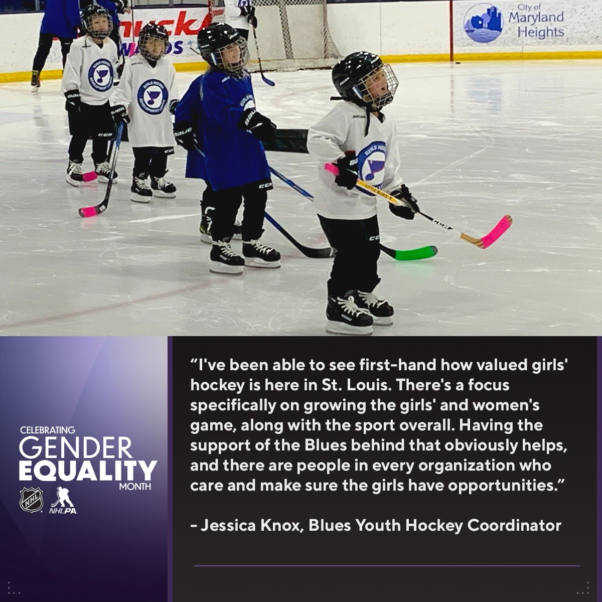 The @StLouisBlues partnered with the NHL, NHLPA & Bauer to launch the Blues Girls Hockey Development League during the 2020 NHL All Star Weekend. Over 110 girls participated in the first year & 225 new girls were estimated to begin this year.   

More:  https://t.co/0nY8szWDja https://t.co/MeXpmxJf6k