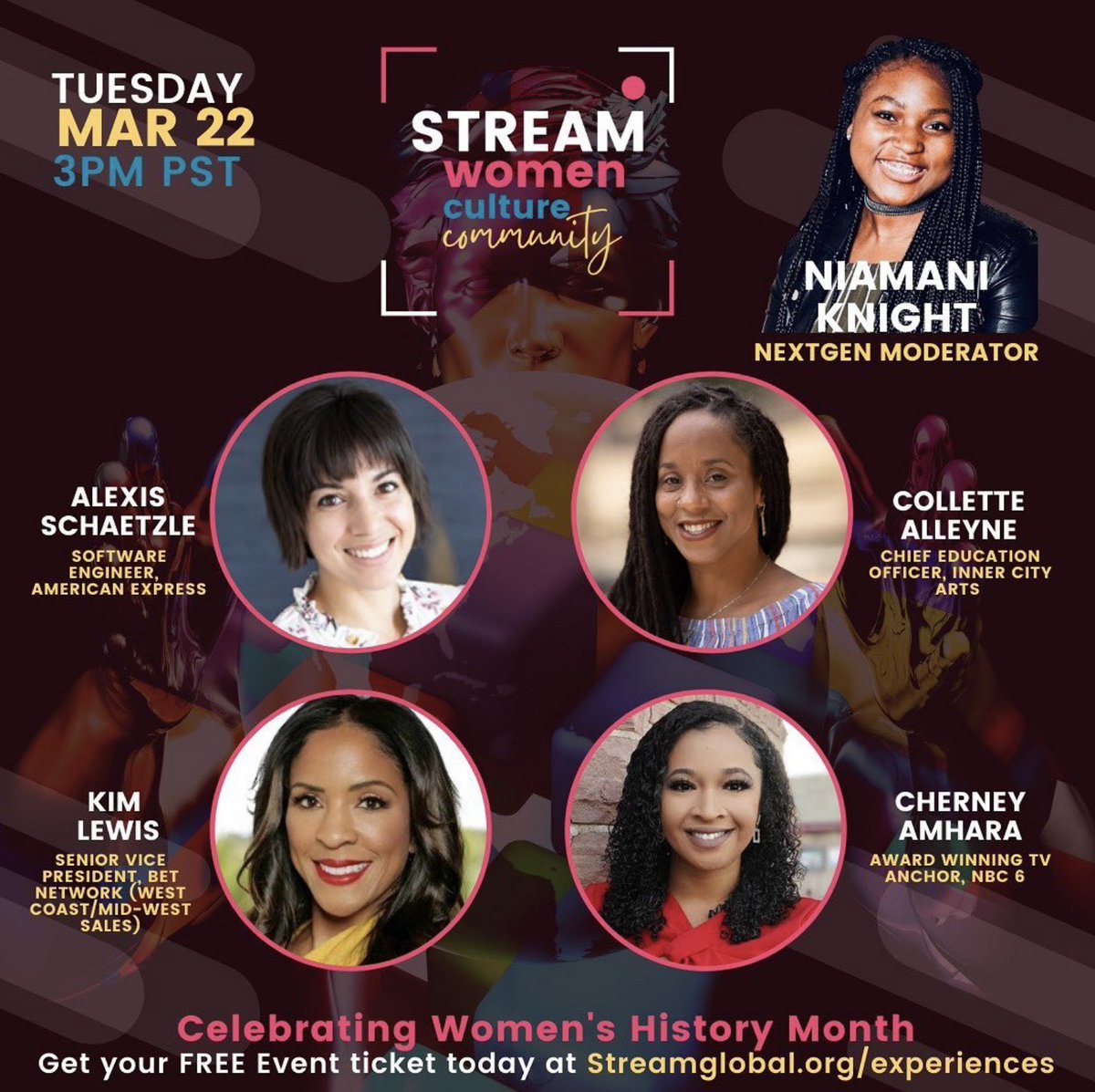 streamglobalorg's tweet photo. Look at this incredible Power Women panel! @CherneyAmharaTV @niamaniknight @BETNETWORKS Kim Lewis, @InnerCityArts Collette Alleyne, #AMEX Alexis Schaetzle 🔥 #STREAMWCC #WomensHistory https://t.co/9w61fPjbbe