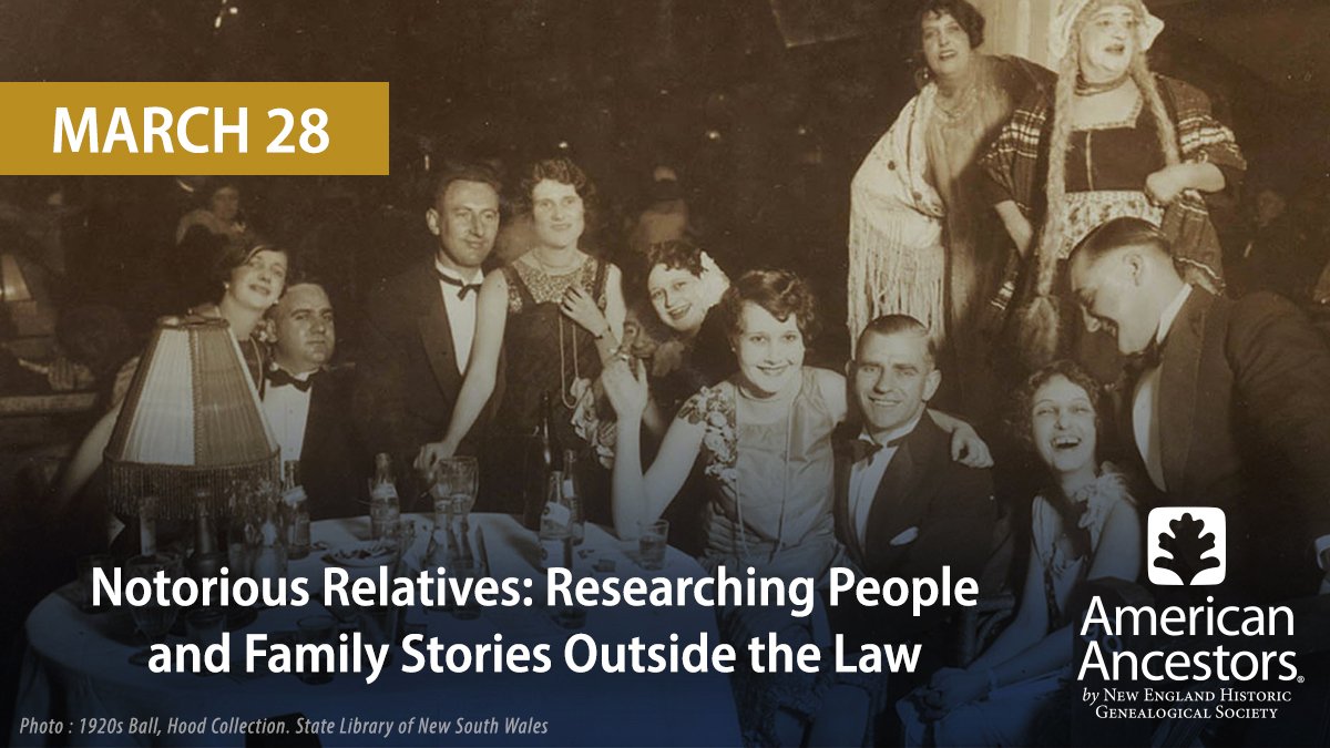 Join me and my colleagues for a wonderful program on Notorious Relatives: Researching people and Family Stories Outside the Law brought to you by <a href="/AncestorExperts/">American Ancestors</a> #Genealogy x.com/AncestorExpert…