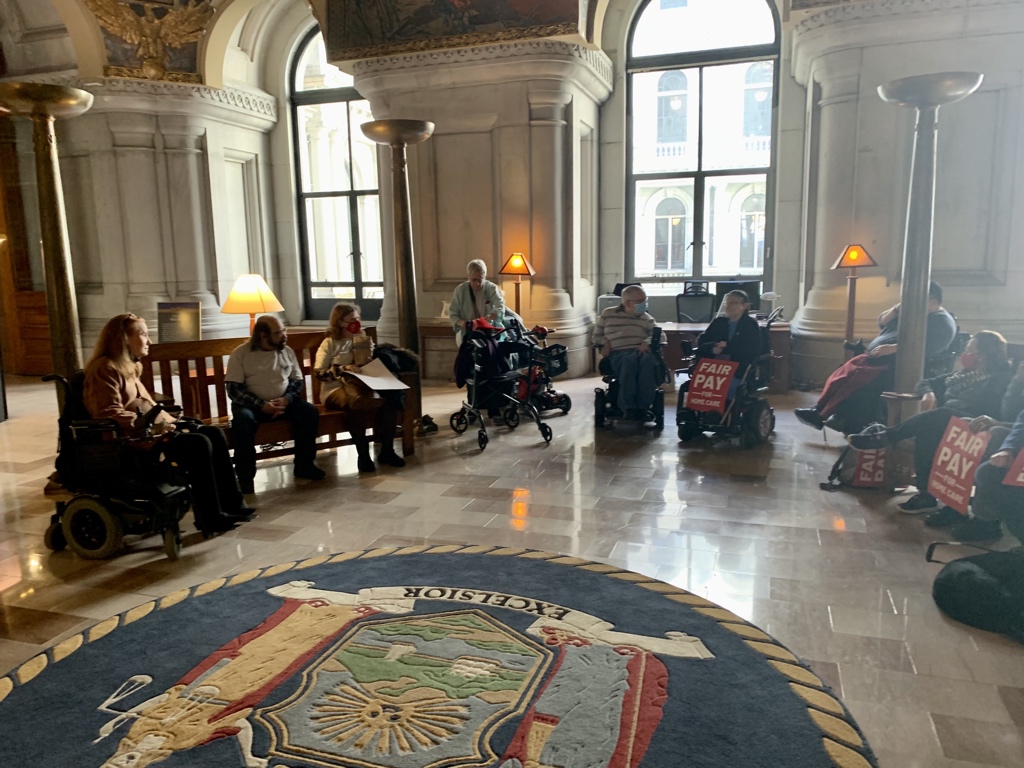 ADAPTerBruce's tweet photo. @GovKathyHochul Thanks to @NYAIL and @CDPAANYS for organizing today’s event! Here are a couple pics from our post-event War Room visit. This group has a long history of protests in this room and beyond. All are hard core activists and ADAPTers. The information people shared was #powerful! https://t.co/KfgnpOVRON