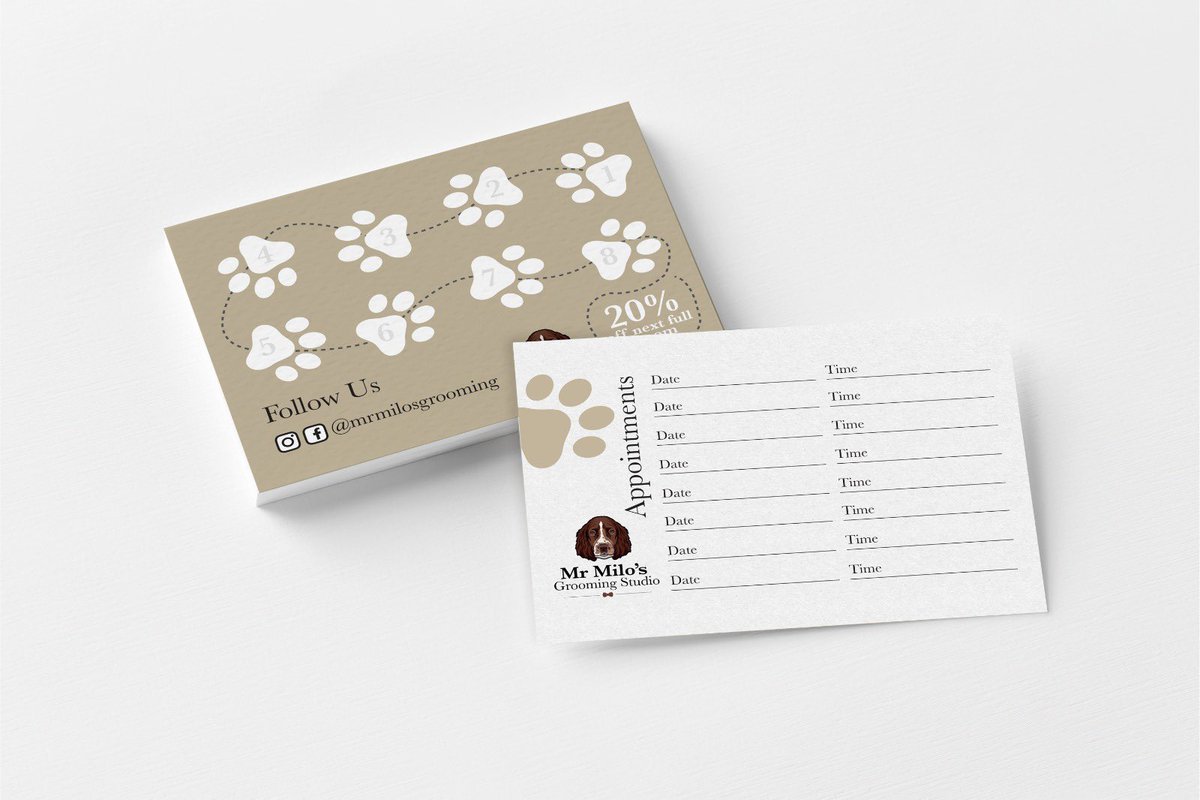 steeldesignco's tweet photo. Mr Milos Grooming Logo Design, business card and appointment card. 🐾 

#logo #doggrooming #paw #dog #branding #businesscards #appointmentcard #print https://t.co/WAOI55fQRy