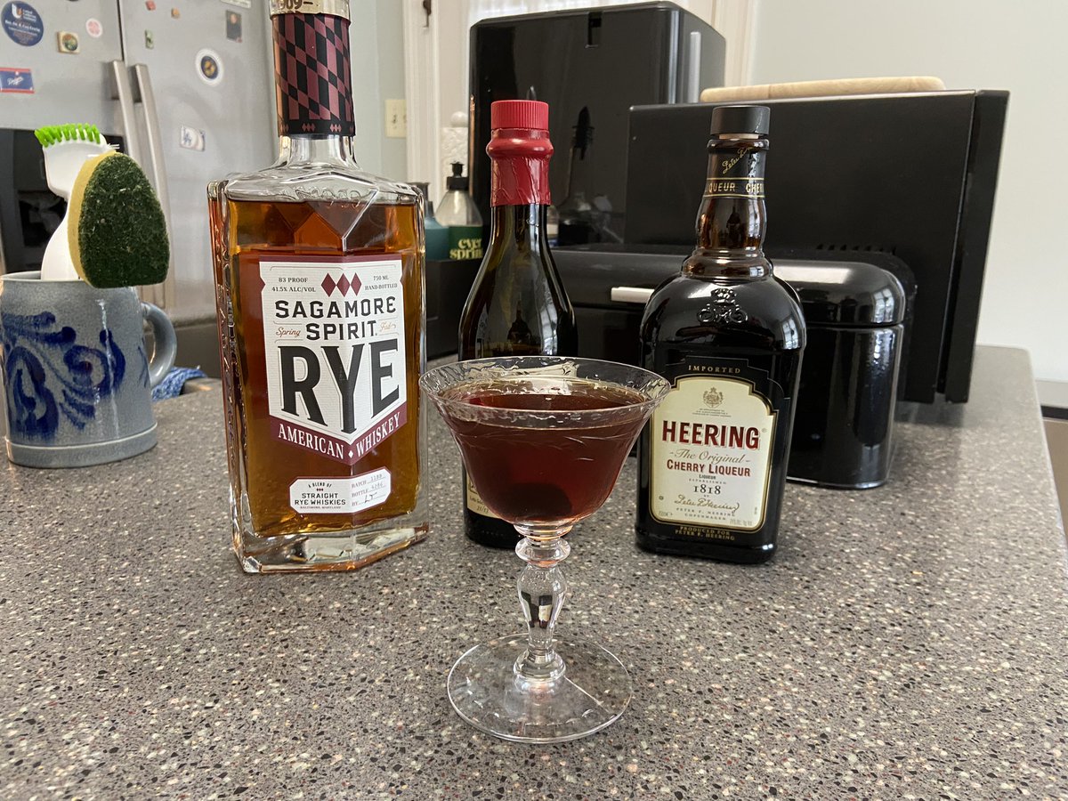 Tried a new/old cocktail this evening: a 
“Remember the Maine.” A Manhattan that replaces some vermouth with the Danish liqueur Cherry Heering. Delicious. Tho’ the Maine probably did just explode on its own…a couple more of these and I would go down with the ship!