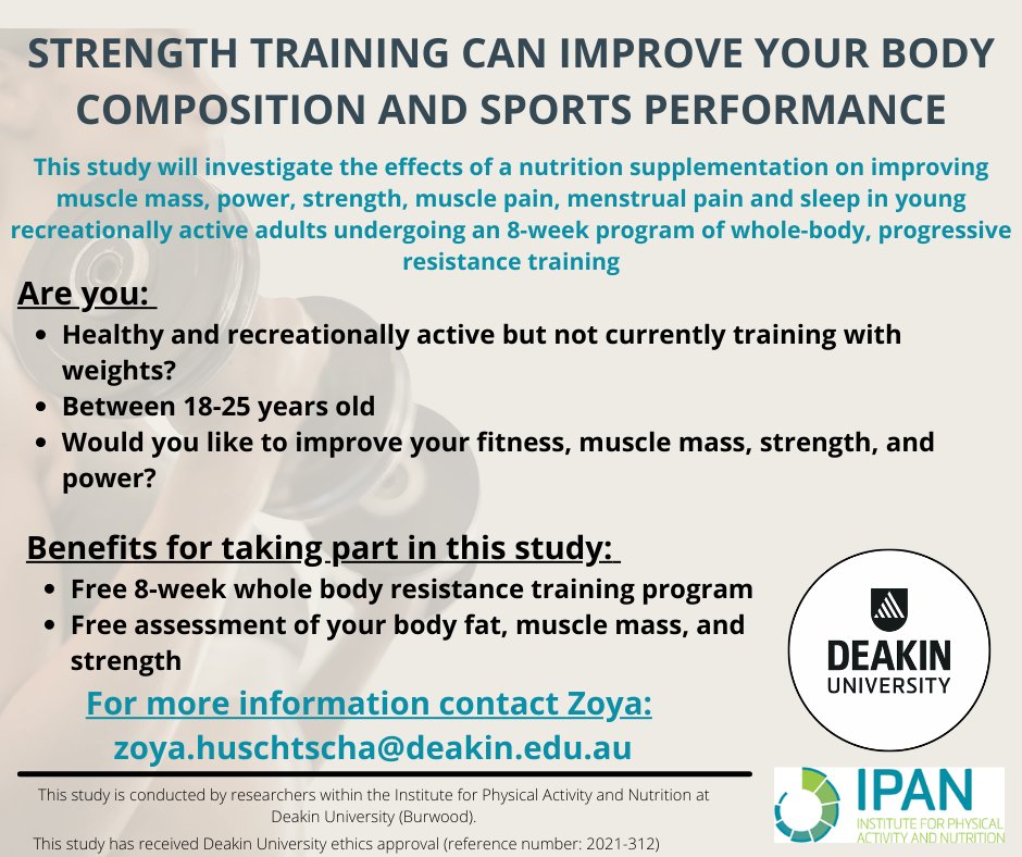 If you are physically active, not currently training with weights, live near Burwood in Melbourne and are interested in free supervised strength training then see the poster below. We still have some spaces on this training study.