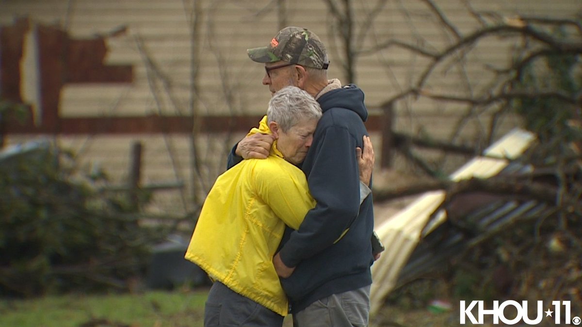 KHOU 11 photojournalist Ryan Phillips captured the moment a man and woman embraced after an EF-2 tornado ripped through Crockett. 

Gov. Abbott just shared that 10 people were injured in Crockett and nearly 30 homes were damaged.