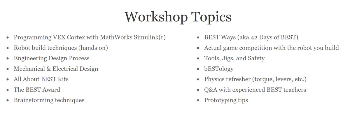 Dallas BEST Robotics (@d_bestrobotics) on Twitter photo ✨BEST Robotics teacher/mentor workshops ✨
The workshop is geared to adults new to BEST or robotics in general, but even “seasoned” teacher/coach/engineer/mentor/volunteers can and have participated.
🙏 <a href="/BESTRobotics/">BEST Robotics, Inc</a> and <a href="/BESTTexRobotics/">BESTofTexasRobotics</a>
Details: bestoftexasrobotics.org/workshops-2022… ✨BEST Robotics teacher/mentor workshops ✨
The workshop is geared to adults new to BEST or robotics in general, but even “seasoned” teacher/coach/engineer/mentor/volunteers can and have participated.
🙏 <a href="/BESTRobotics/">BEST Robotics, Inc</a> and <a href="/BESTTexRobotics/">BESTofTexasRobotics</a>
Details: bestoftexasrobotics.org/workshops-2022…