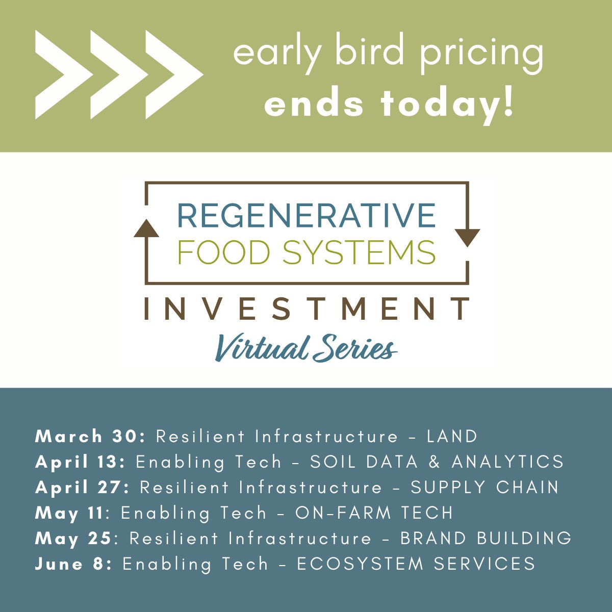 TODAY is the last day to register for the RFSI Virtual Series with Early Bird pricing!

Register now to get the complete series for nearly 50% off! ➜ rfsi-forum.com/2022-rfsi-virt…

#regenerativeagriculture #foodsystems #farming #investing #agtech #aginvest