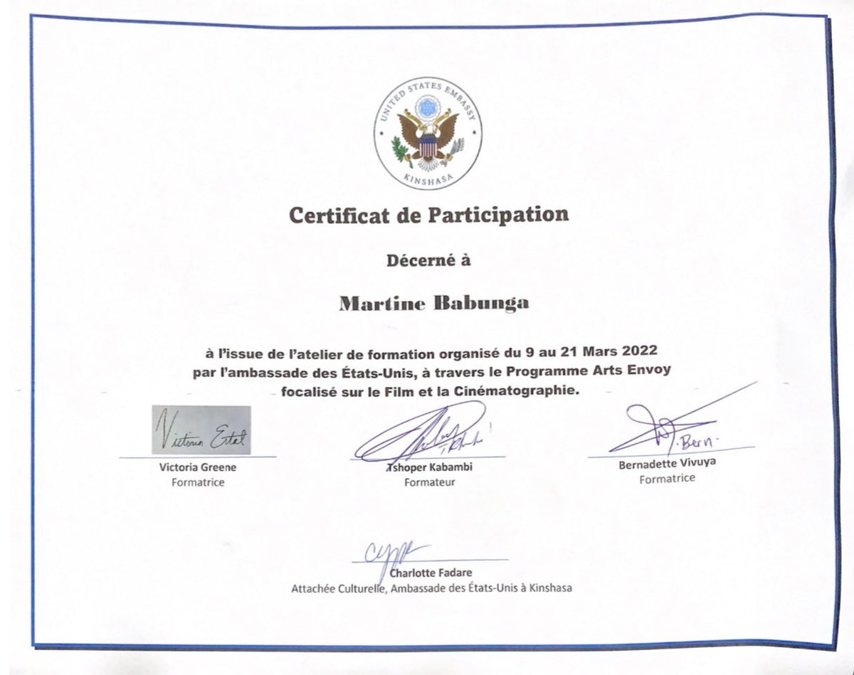 ARTS ENVOY PROGRAM 🇺🇸🇨🇩 
Deux semaines intéressantes et très intenses ! Ça en valait la peine…😊
Ce fut un honneur d’avoir participé à cet atelier de formation sur le Film et la Cinématographie organisé par l’ambassade des États-Unis. 

Le meilleur est certainement à venir !