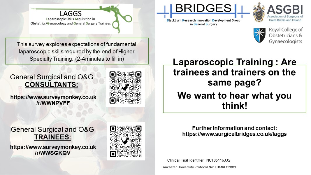 Are trainee and trainers on the same page? Please complete the LAGGS study national survey to explore the views of consultants and trainees on the laparoscopic skills expected of trainees in O&G and GS at CCT. asgbi.org.uk/research @ASGBI_MA