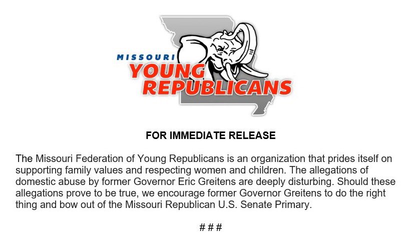 missouriyrs's tweet photo. 🚨🚨MOFYR’s statement on the new allegations brought against former Governor Eric Greitens #MOSen #MOLeg 
@MissouriGOP @mopachyderms @MissouriCR @stlyrs @kansascityyr @StCharlesYRs @SWMOYR @CCMOYR https://t.co/dHVXJVcZwl