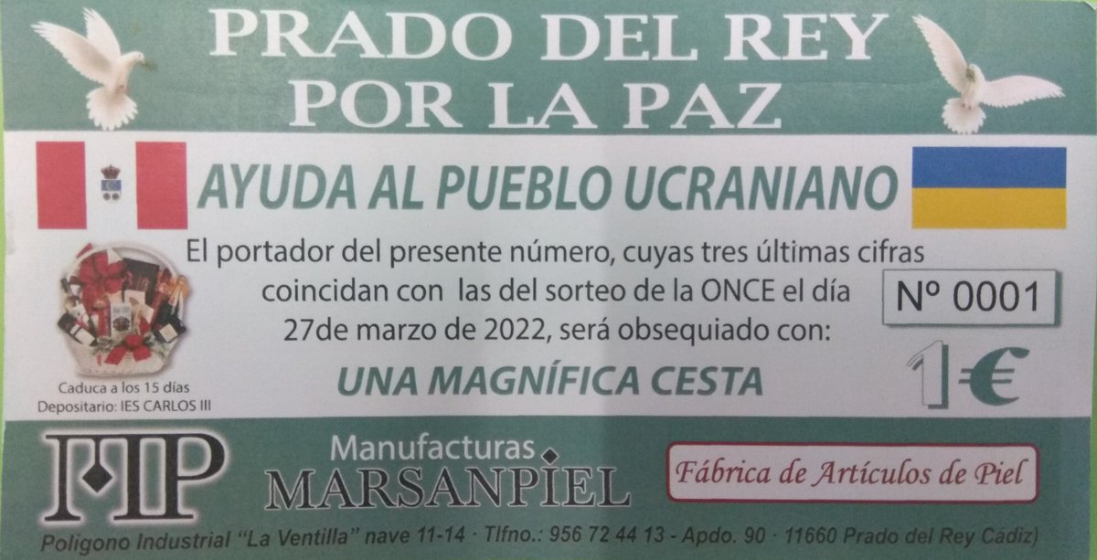 polavide's tweet photo. 🕊PRADO DEL REY POR LA PAZ🕊
Desde mañana se ponen a la venta las papeletas a favor de Ucrania. El sorteo se celebrará el domingo 27 de marzo. Se puede colaborar a través de las tutorías hasta el viernes 25 de marzo. Donativo =1 €. #pradodelrey #ayudaucrania #EscuelaEspacioDePaz https://t.co/VaaVMlp7oU