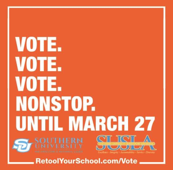 The leaderboard changes every day. The only way to ensure we stay in the top 10 is to vote! Vote nonstop at retoolyourschool.com/vote or on Instagram and Twitter using hashtags #RYSSUBR and #RYSShreveport. Cast a vote for your choice now. #RetoolYourSchool #HBCU #WeAreSouthern