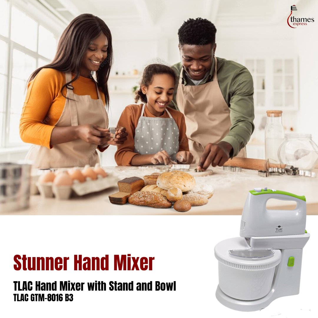 Whip up the dough to your satisfaction in no time TLAC Hand Mixer with Stand and Bowl (TLAC GTM-8016 B3) is all you need! #ThamesExpress #TLAC #HandMixer #HandBeaters #TLACHandMixer #TLACHandBeaters #HandBeaters #baking #kitchenappliances #livewell