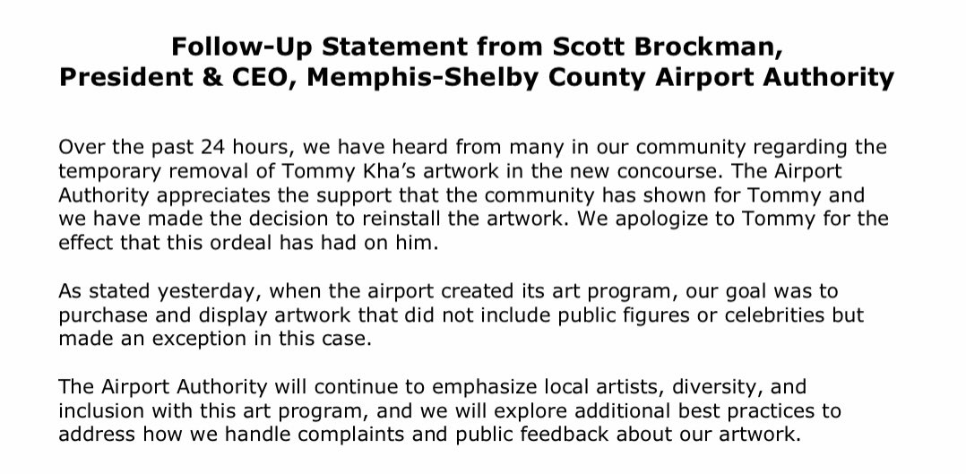 MemphoNewsLady's tweet photo. #BREAKING: @flymemphis announces it will REINSTALL @tommykha’s Asian-Elvis artwork in the new concourse. Statement from airport officials below: https://t.co/lWSRbrQ6fU