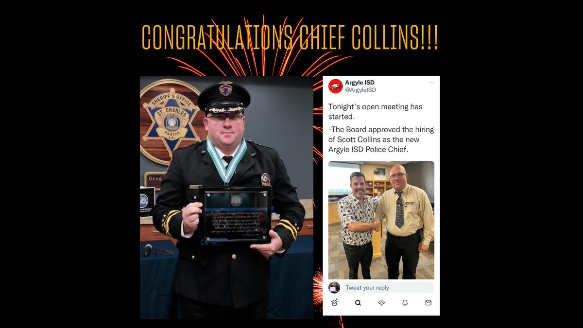 USD_LEPSL's tweet photo. Please join us in extending a hearty congrats to LEPSL student Scott Collins, who has been selected and approved as the new Chief for the Argyle Independent School District. @ChiefScottColl1 @FBILEEDA  #LEPSL #Congratulations https://t.co/jrzFegZ2nG