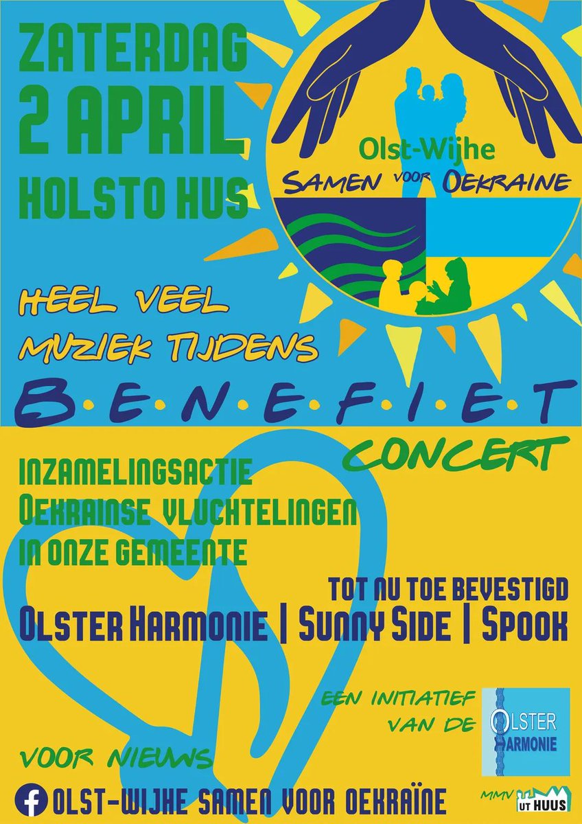 OlsterH's tweet photo. Op 2 april organiseren wij voor de #Oekraïense #vluchtelingen in @GemOlstWijhe een benefietconcert. Samen met @utHuus_OW zamelen we geld in voor de eerste behoeften. 
#SamenVoorOekraïne Naast wijzelf, met de bands Sunny Side, Spook en Scrambled. 💃🕺🎶🥁🎺🎤🎷 https://t.co/i80PiDpN13