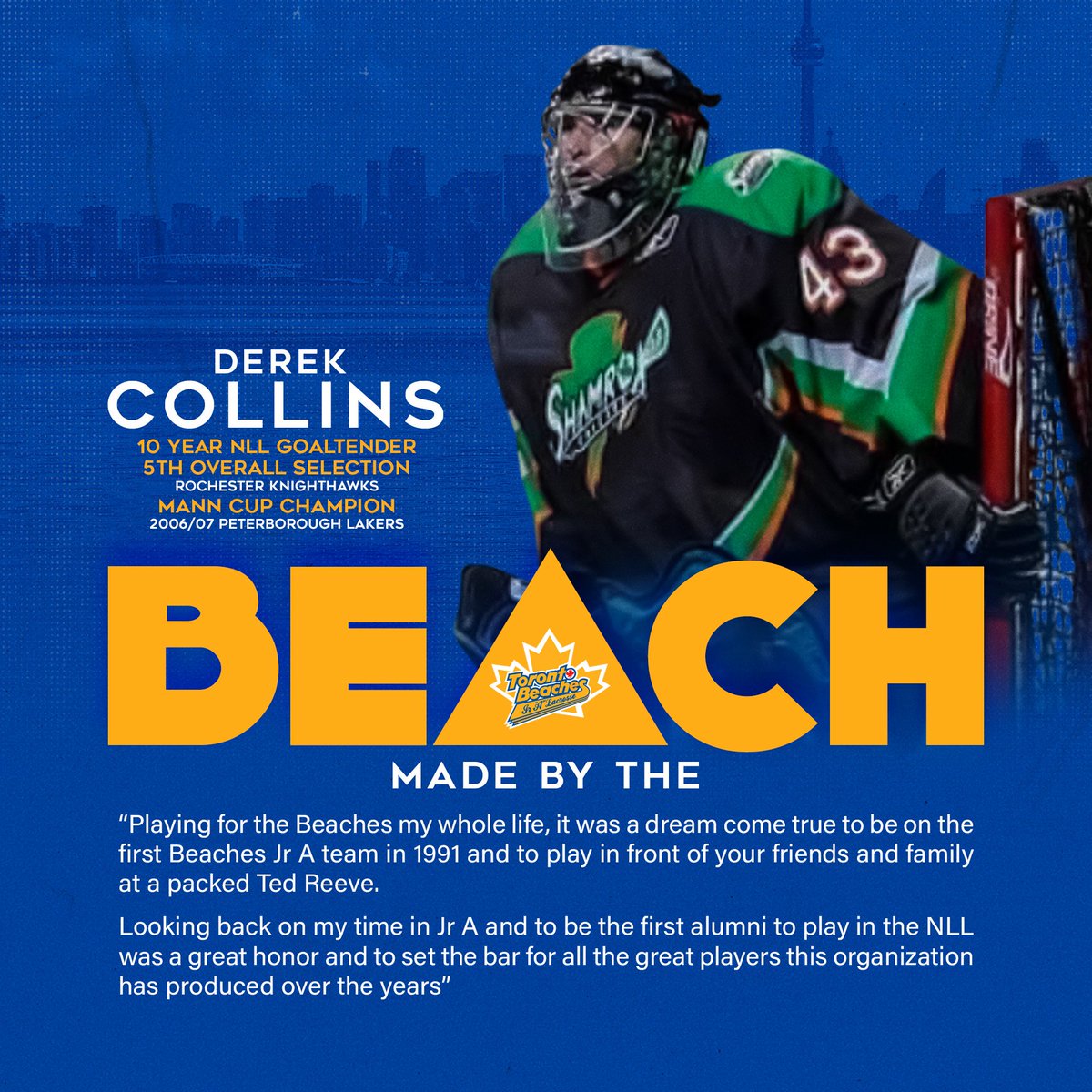 An original Beach Boy who went on to play 10 seasons in the <a href="/NLL/">NLL</a> 🌊

Hear from former Beaches goaltender Derek Collins on his time with the organization

#MakeWaves
