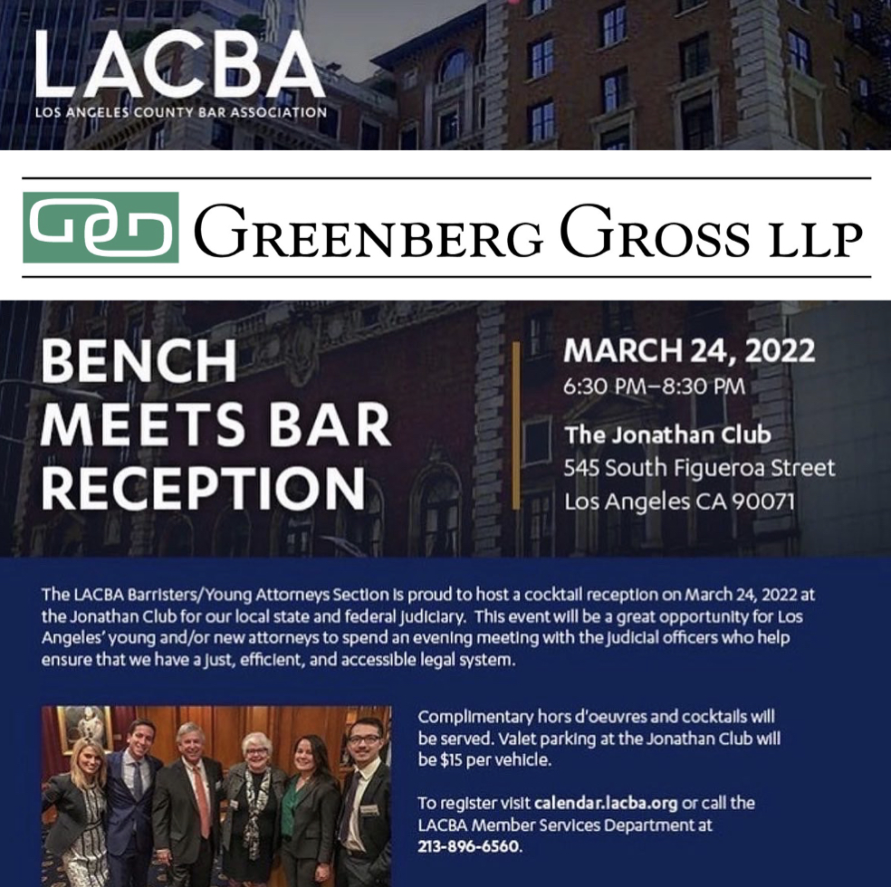 LACBABarristers's tweet photo. Thanks to our generous Platinum level sponsor for our SOLD OUT Bench Meets Bar Reception, Greenberg Gross LLP! See you in person on March 24.  #GreenbergGross #LACBA #benchmeetsbar #lawyer #attorneys #younglawyers #lawyerlife #losangeleslawyer #lacbabarristers #litigation https://t.co/dGIlT6afCb
