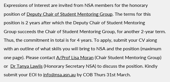 welma_s's tweet photo. NSA postgrad students and EMCRs, why not consider putting up your hand for Deputy Chair Student Mentoring Group? It's a great opportunity to get involved and expand your networks @nutsocaus, @OceanicNLP.
More details can be found in the NSA newsletter in your email inbox. https://t.co/u3gAXAwVUC
