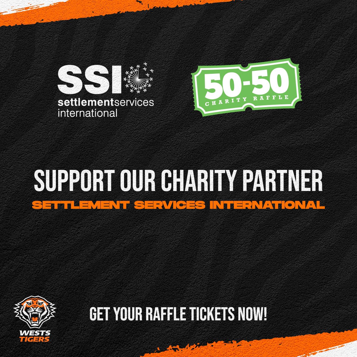 Wests Tigers are pleased to have <a href="/SSI_tweets/">SSI</a> as our official charity partner for our Multicultural Round at Campbelltown Sports Stadium. 

Purchase your online tickets in the below link, support a great cause and go in the chance to win half the funds 🐯 
5050charityraffle.com.au/weststigers
