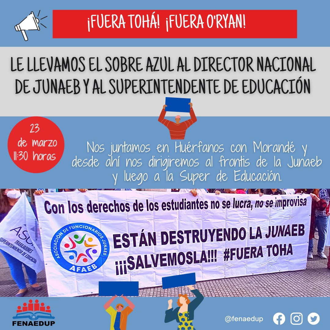 Si no renuncian y el gobierno tampoco se los pide, lxs funcionarixs los sacaremos de las instituciones!
No hay decencia y no lo avalaremos!
Pésima gestión y trato hacen urgente que se vayan!👉

#FueraTohá
#FueraORyan

<a href="/Mineduc/">Ministerio de Educación</a> <a href="/ProfMarcoAvila/">Marco Antonio Ávila Lavanal</a>
<a href="/fenaedup/">FENAEDUP</a> <a href="/ColegioProfes/">Colegio de Profesoras y Profesores de Chile</a> <a href="/anefchile/">ANEF</a>