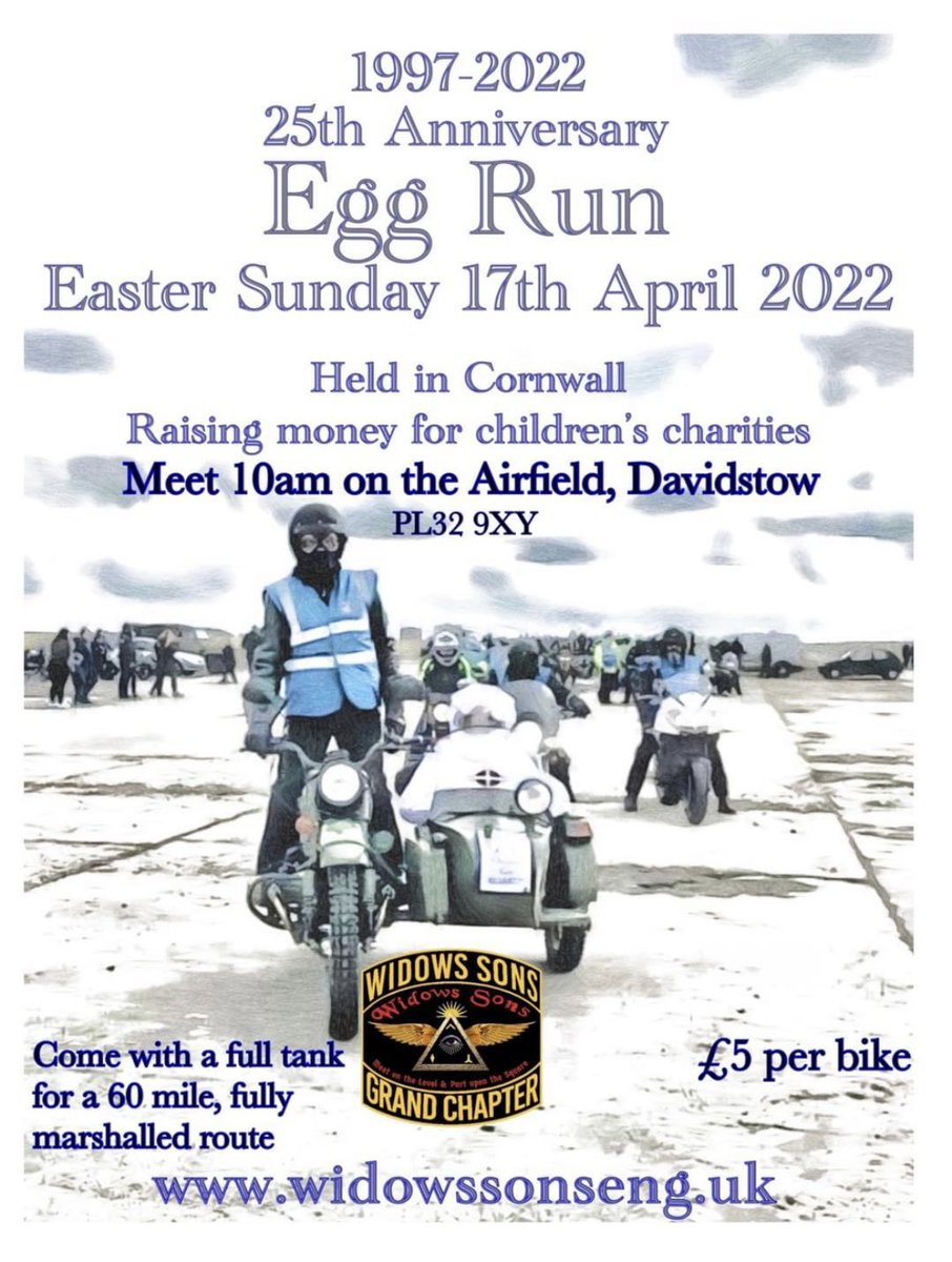 wskernow's tweet photo. Widows Sons Grand Chapter of England, Kernow Chapter presents the 25th Anniversary charity Egg Run. https://t.co/ttrQBB8Hey