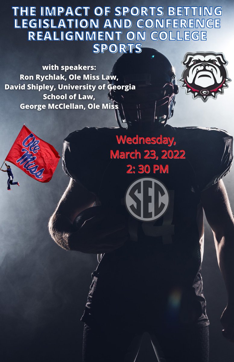 MS_SportsLaw's tweet photo. Reminder to tune into "The Impact of Sports Betting Legislation and Conference Realignment on College Sports" conversation tomorrow. Please join Professor Rychlak as he contributes to A Series of Conversations on Name, Image, &amp; Likeness and the Future of Intercollegiate Athletics https://t.co/7A8U7jM0Cv