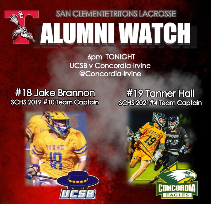 schs_lax's tweet photo. Shout out to our @schs_lax  alum playing tonight-UCSB v Concordia @concordiairvine
⏰6pm
⭐️Jake Brannon @bugattibrannon - @ucsblacrosse  SCHS '19
⭐️Tanner Hall @tannerhall3 - @cuilax SCHS of '21
Both alums were team captains. Good 🍀 tonight!
@SanClementehigh
@schstriton https://t.co/Y5ssvDTXrY