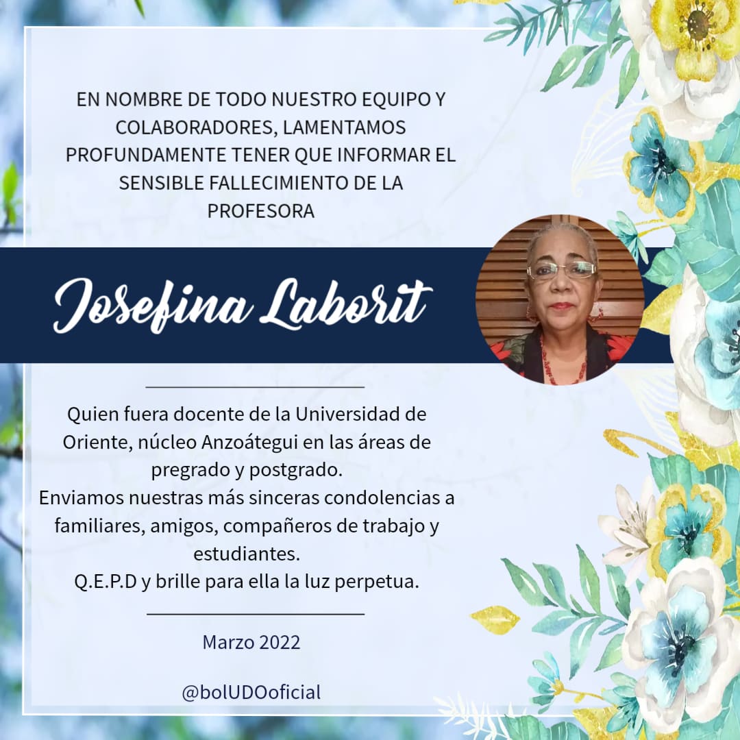 Otra triste noticia para la comunidad udista 😔. Q.E.P.D Prof. Josefina Laborit. Excelente profesional y más extraordinaria persona. Nuestras condolencias a sus familiares y amigos. #udoanz