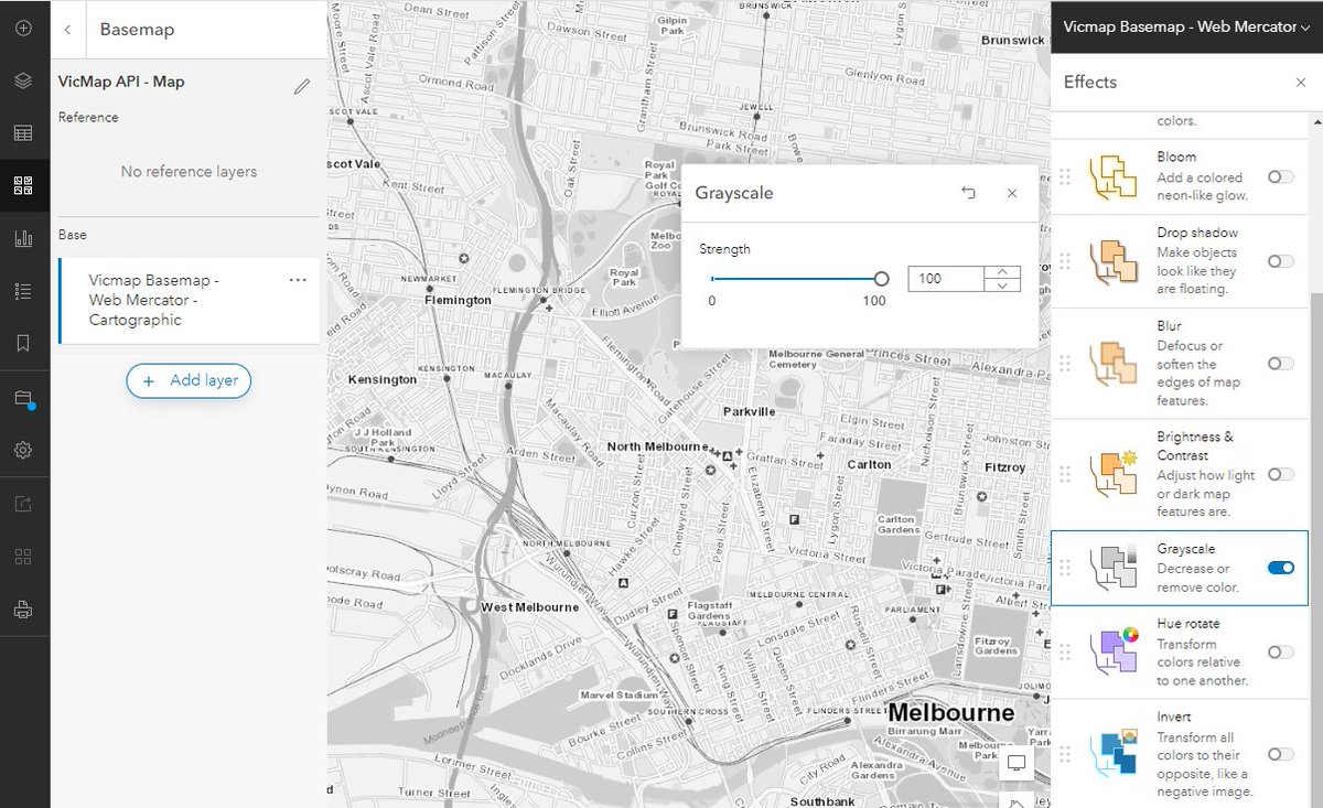 SimonGIS's tweet photo. Applying Effects to the #Vicmap basemaps. Nice to see these work against WMTS layers. Desaturating the main carto one down a bit works well IMO. https://t.co/FlxgOOoYcI