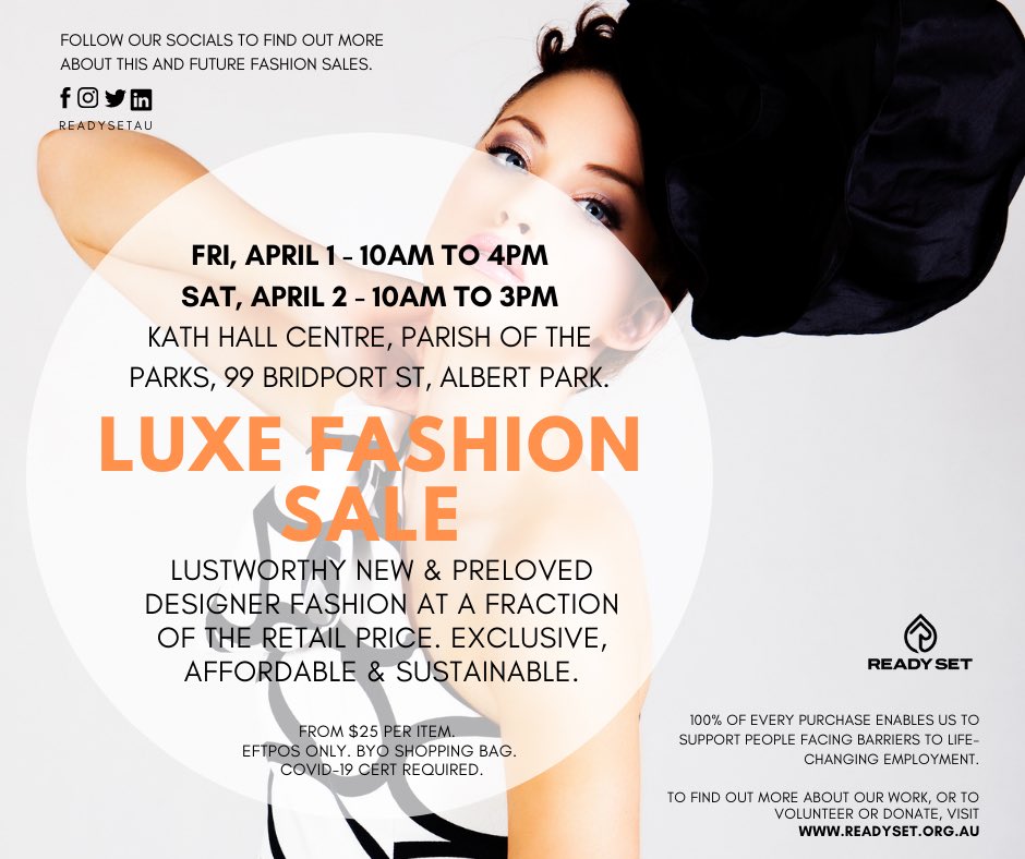 9 days to go….preloved designer fashion from $25, in Albert Park. Every purchase creating life change for people facing barriers to work. Don’t miss it! #thriftedfashion #albertpark #prelovedstyle #fashionsale #melbournefashion